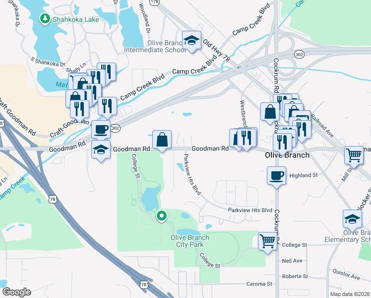 map of restaurants, bars, coffee shops, grocery stores, and more near 8813 Goodman Road in Olive Branch