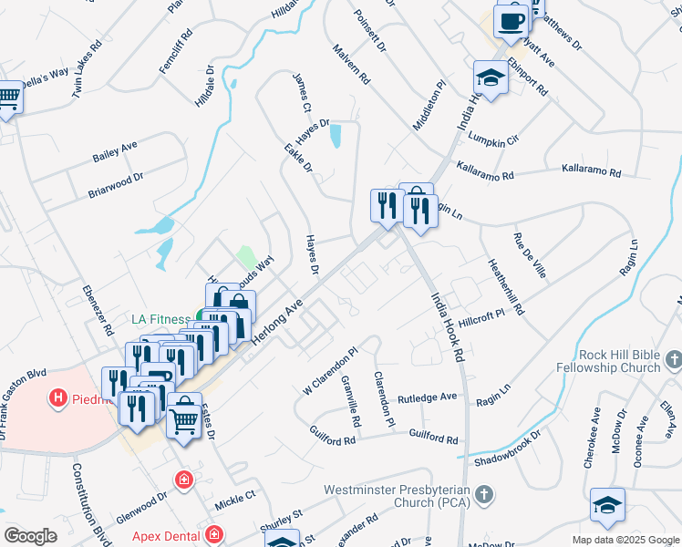 map of restaurants, bars, coffee shops, grocery stores, and more near 1815 Fairlawn Court in Rock Hill
