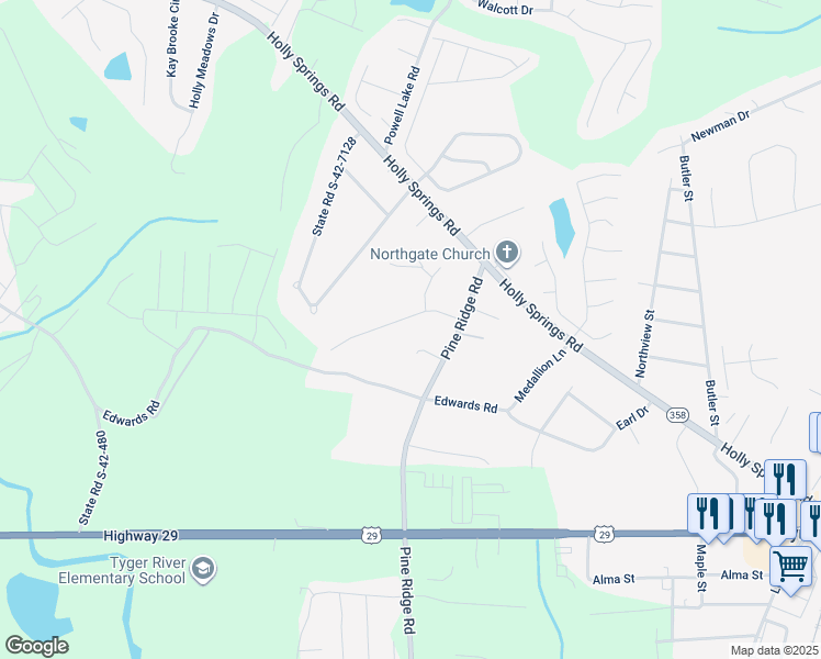 map of restaurants, bars, coffee shops, grocery stores, and more near 407 Kaleb Mark Dr in Lyman