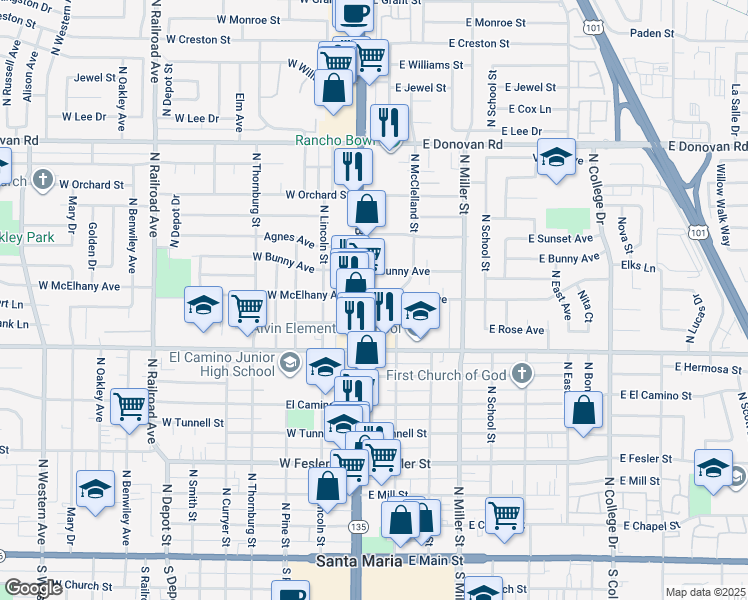 map of restaurants, bars, coffee shops, grocery stores, and more near 912 North Broadway in Santa Maria