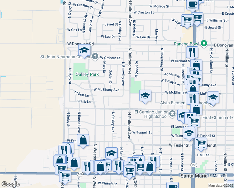 map of restaurants, bars, coffee shops, grocery stores, and more near 841 Raaberg Way in Santa Maria