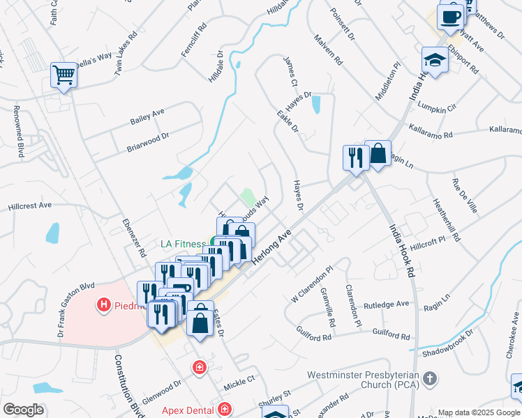 map of restaurants, bars, coffee shops, grocery stores, and more near 753 Winding Way in Rock Hill