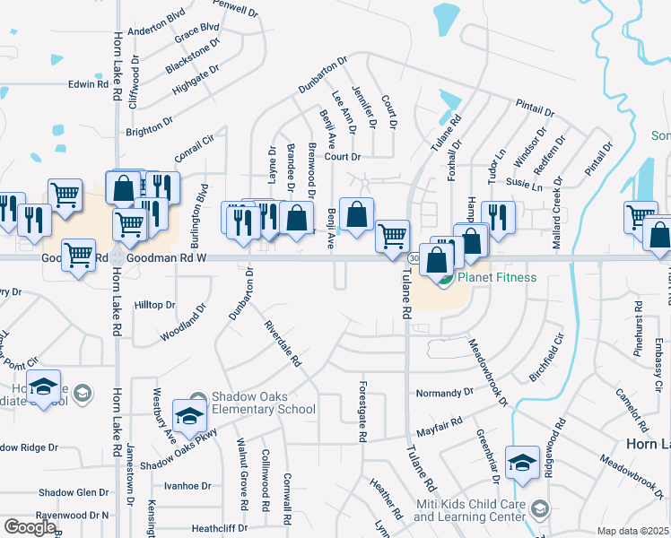 map of restaurants, bars, coffee shops, grocery stores, and more near 3351 Country Side Circle in Horn Lake