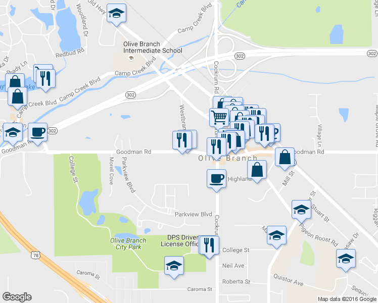 map of restaurants, bars, coffee shops, grocery stores, and more near 8831 Goodman Road in Olive Branch