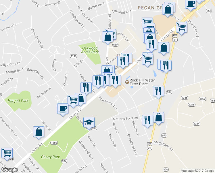 map of restaurants, bars, coffee shops, grocery stores, and more near 2012 Cherry Rd in Rock Hill