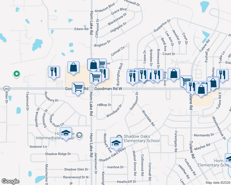 map of restaurants, bars, coffee shops, grocery stores, and more near 3710 Bryn Mawr Drive in Horn Lake