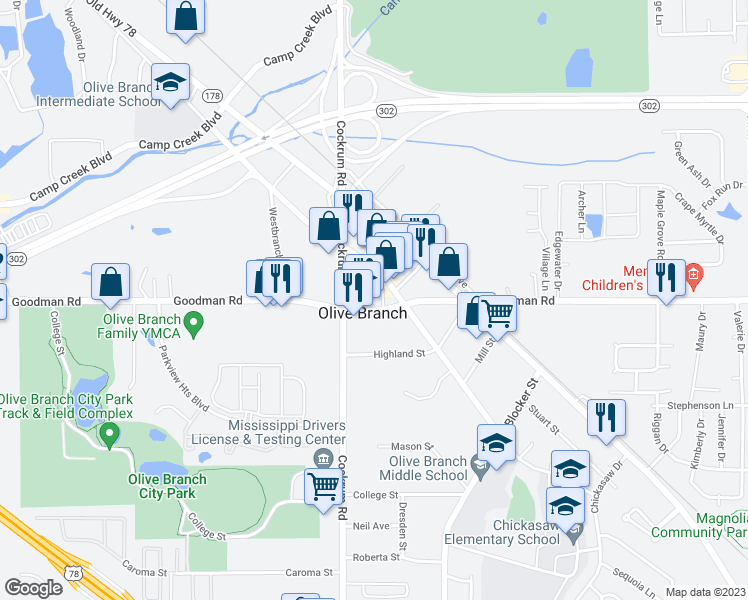 map of restaurants, bars, coffee shops, grocery stores, and more near 9070 Goodman Road in Olive Branch