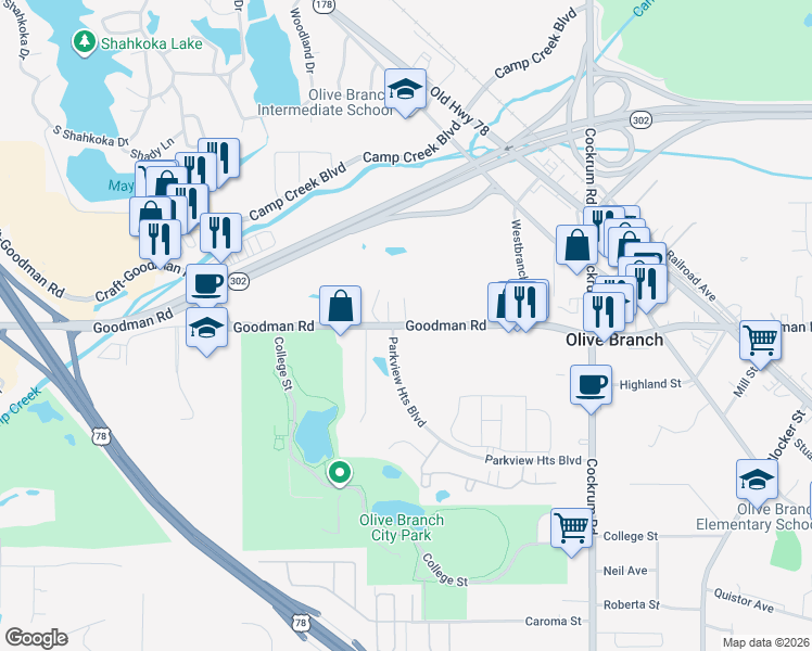 map of restaurants, bars, coffee shops, grocery stores, and more near 8599 Goodman Road in Olive Branch