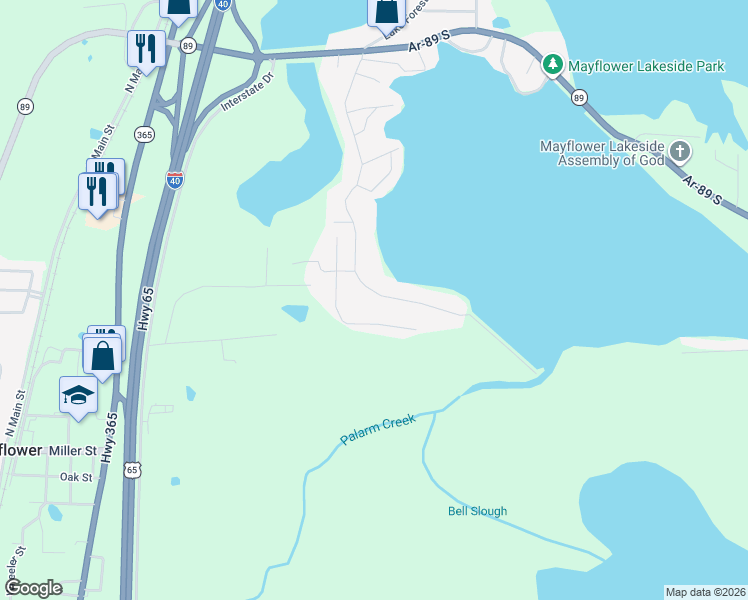 map of restaurants, bars, coffee shops, grocery stores, and more near 96 Dam Road in Mayflower