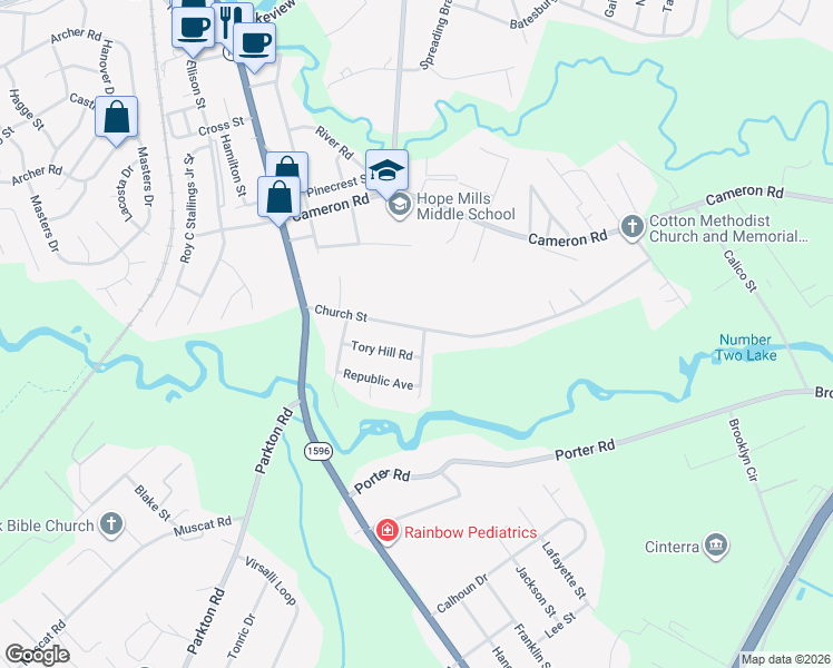 map of restaurants, bars, coffee shops, grocery stores, and more near 5309 Church Street in Hope Mills