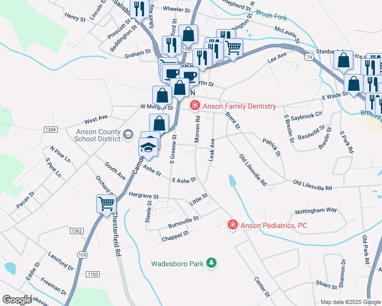 map of restaurants, bars, coffee shops, grocery stores, and more near 402 Morven Road in Wadesboro