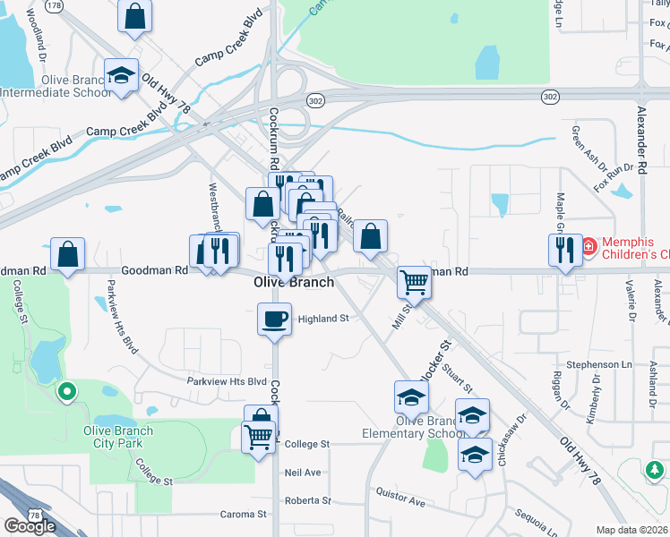 map of restaurants, bars, coffee shops, grocery stores, and more near 9160 Goodman Road in Olive Branch