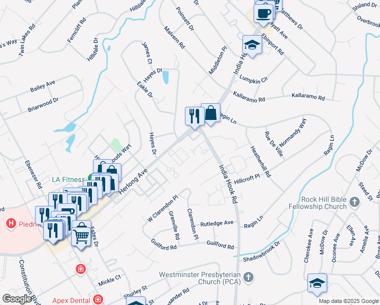 map of restaurants, bars, coffee shops, grocery stores, and more near 1775 Ridgeview Court in Rock Hill