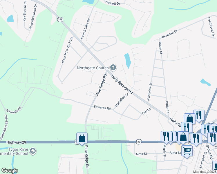 map of restaurants, bars, coffee shops, grocery stores, and more near 120 Phoenix Court in Lyman