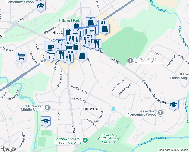 map of restaurants, bars, coffee shops, grocery stores, and more near 140 Fernbrook Circle in Spartanburg