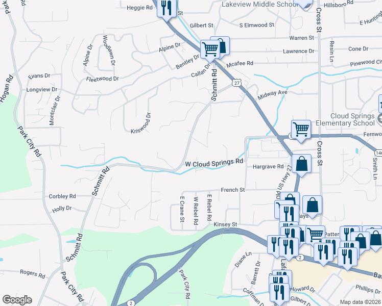 map of restaurants, bars, coffee shops, grocery stores, and more near 300 Schmitt Road in Rossville