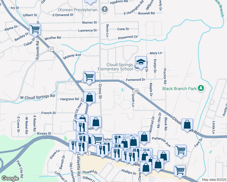 map of restaurants, bars, coffee shops, grocery stores, and more near Brookhaven Cir in Fort Oglethorpe