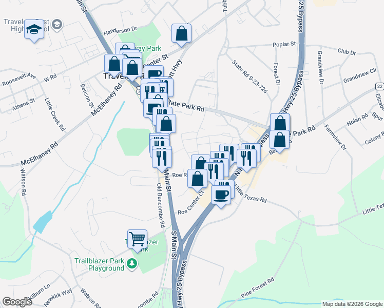 map of restaurants, bars, coffee shops, grocery stores, and more near 100 Roe Road in Travelers Rest