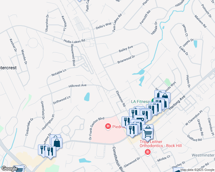 map of restaurants, bars, coffee shops, grocery stores, and more near 1915 Ebenezer Road in Rock Hill
