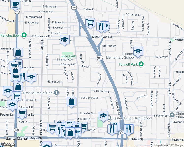 map of restaurants, bars, coffee shops, grocery stores, and more near 902 East Evergreen Avenue in Santa Maria