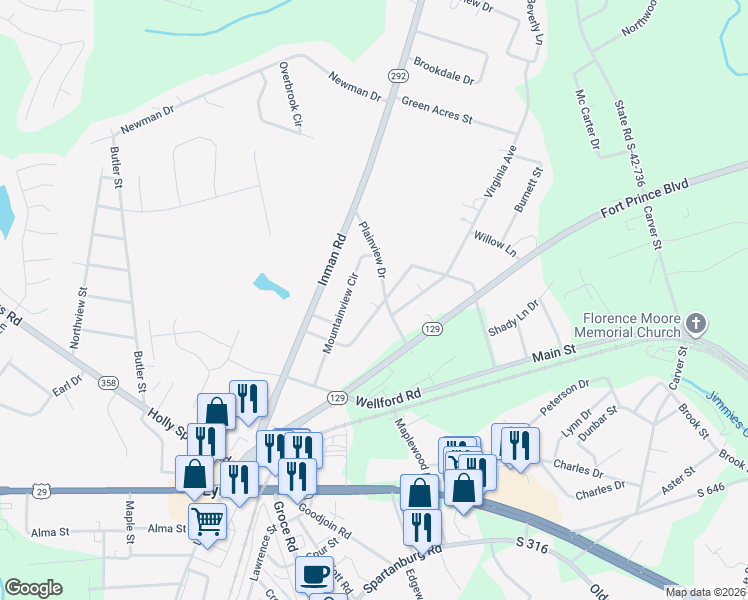 map of restaurants, bars, coffee shops, grocery stores, and more near 517 Mountainview Circle in Lyman