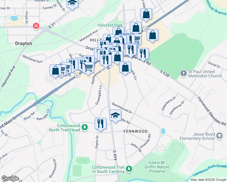 map of restaurants, bars, coffee shops, grocery stores, and more near 151 Fernwood Drive in Spartanburg