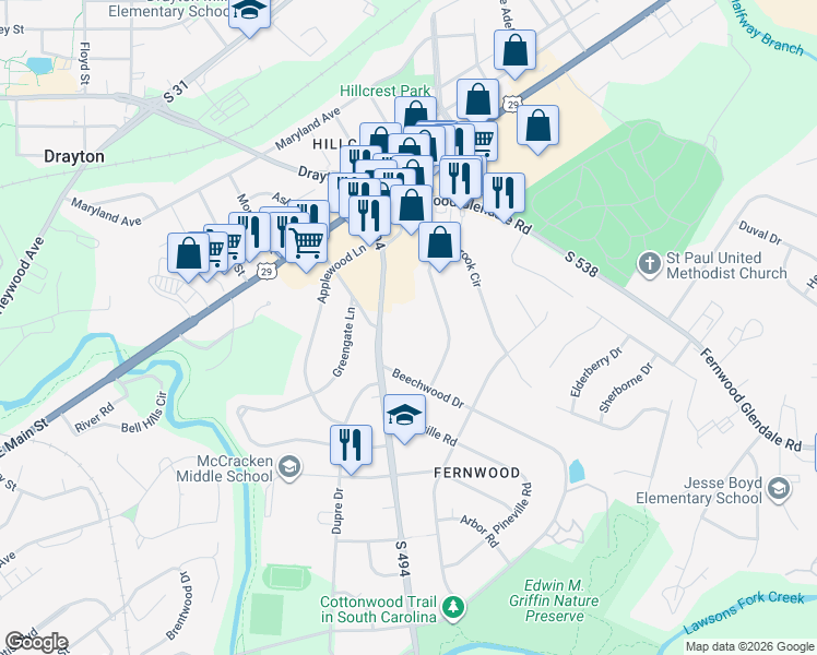map of restaurants, bars, coffee shops, grocery stores, and more near 175 Fernwood Drive in Spartanburg
