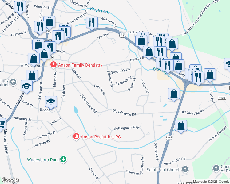 map of restaurants, bars, coffee shops, grocery stores, and more near 100 Breslin Street in Wadesboro