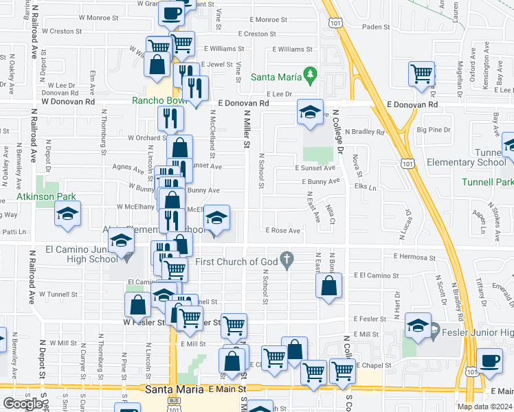 map of restaurants, bars, coffee shops, grocery stores, and more near 1005 North School Street in Santa Maria