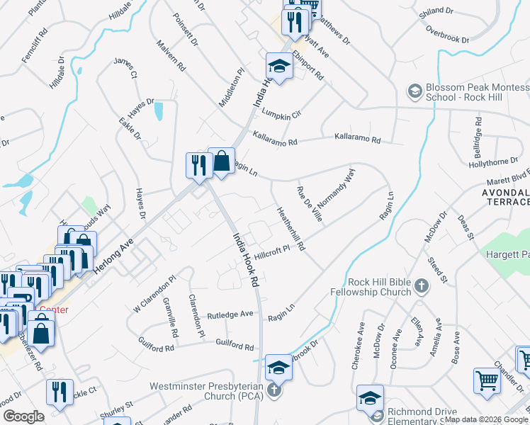 map of restaurants, bars, coffee shops, grocery stores, and more near 308 Voldemort Street in Rock Hill