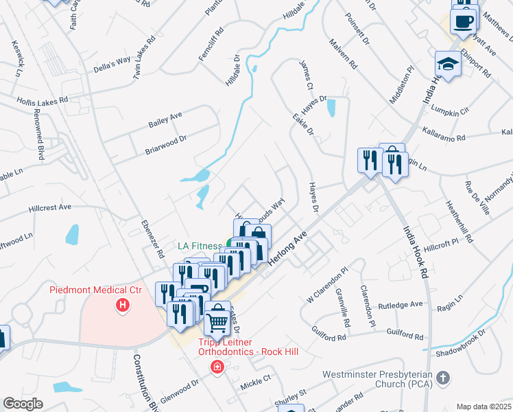 map of restaurants, bars, coffee shops, grocery stores, and more near 534 Smoke House Lane in Rock Hill