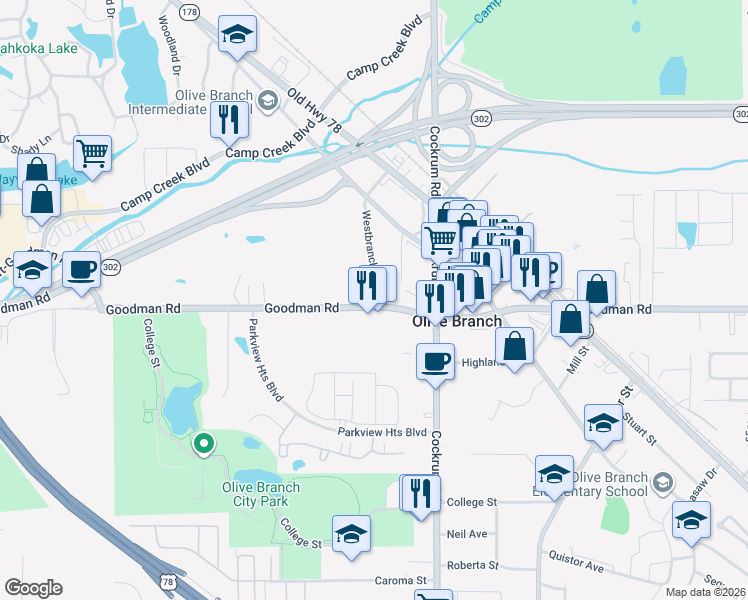 map of restaurants, bars, coffee shops, grocery stores, and more near 8831 Goodman Road in Olive Branch