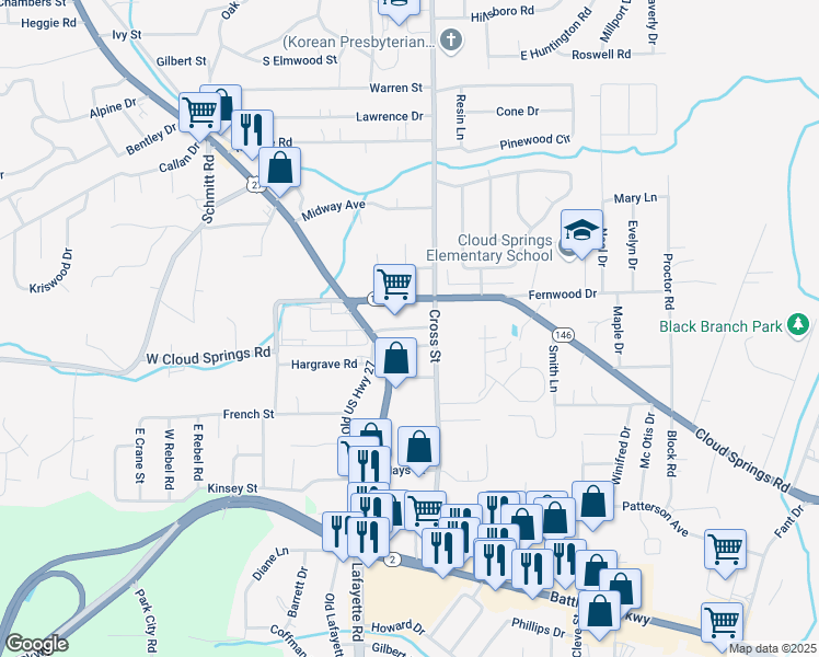 map of restaurants, bars, coffee shops, grocery stores, and more near 117 Herron Street in Fort Oglethorpe