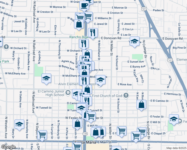 map of restaurants, bars, coffee shops, grocery stores, and more near 137 East McElhany Avenue in Santa Maria