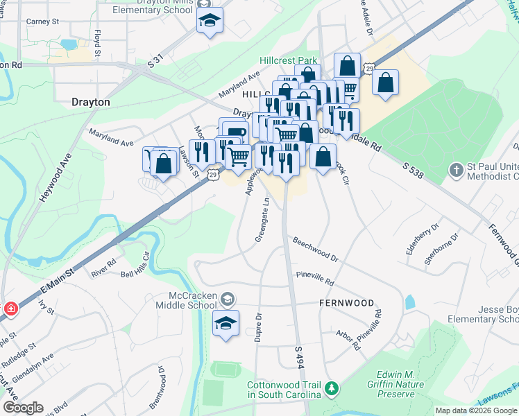 map of restaurants, bars, coffee shops, grocery stores, and more near 200 Fernwood Drive in Spartanburg