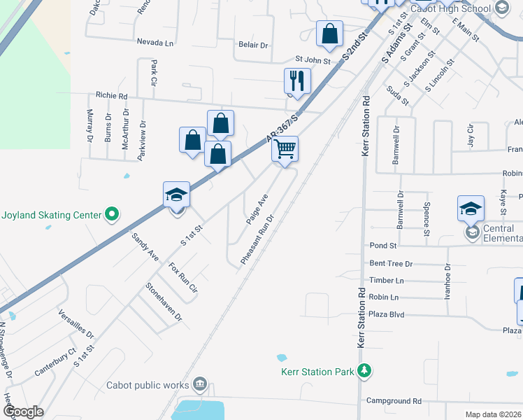 map of restaurants, bars, coffee shops, grocery stores, and more near 28 Paige Avenue in Cabot
