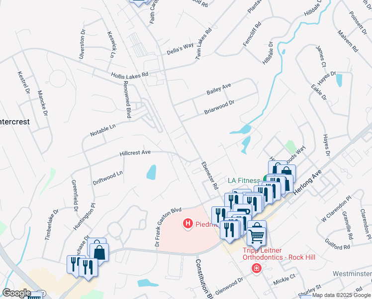 map of restaurants, bars, coffee shops, grocery stores, and more near 1915 Ebenezer Road in Rock Hill