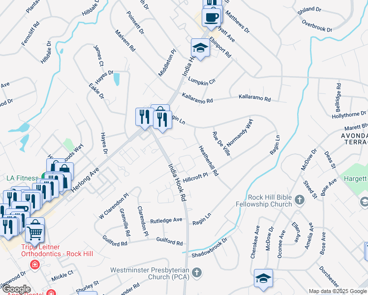 map of restaurants, bars, coffee shops, grocery stores, and more near 305 Voldemort Street in Rock Hill