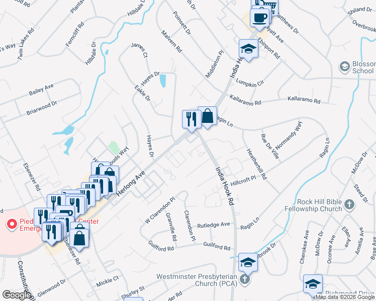 map of restaurants, bars, coffee shops, grocery stores, and more near 1775 Ridgeview Court in Rock Hill