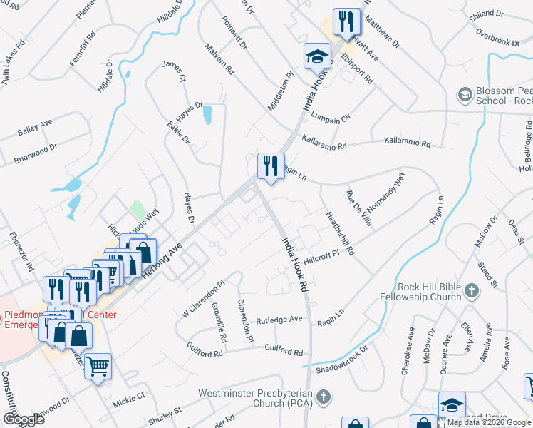 map of restaurants, bars, coffee shops, grocery stores, and more near 1819 India Hook Road in Rock Hill
