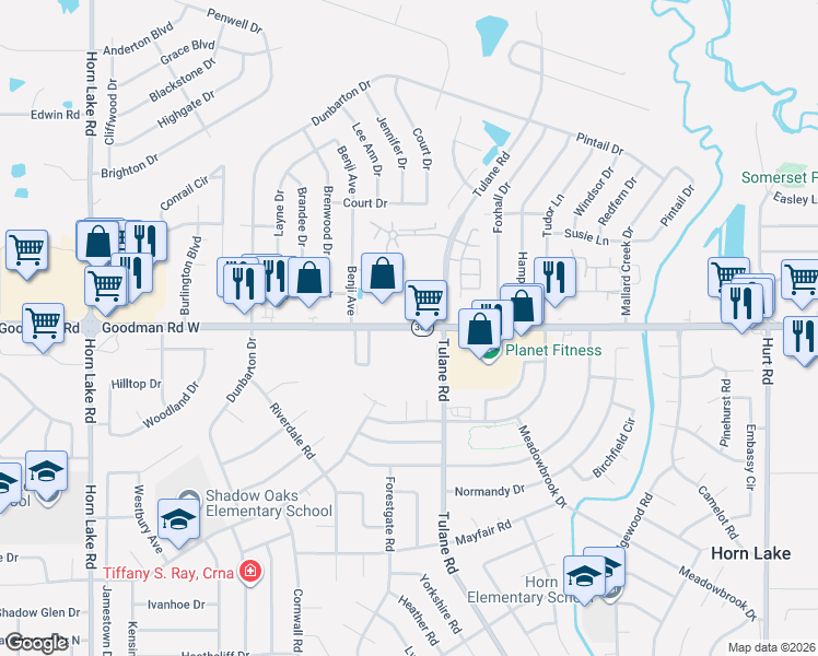 map of restaurants, bars, coffee shops, grocery stores, and more near 3101 West Goodman Road in Horn Lake