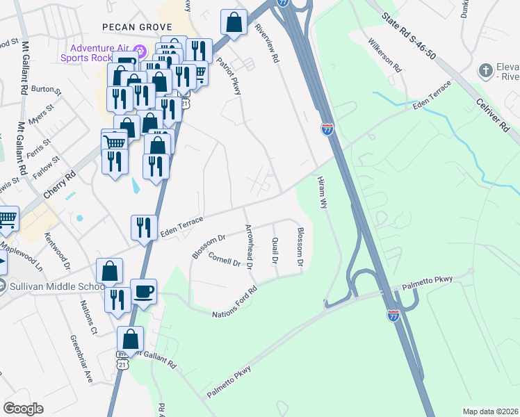 map of restaurants, bars, coffee shops, grocery stores, and more near 2317 Blossom Drive in Rock Hill