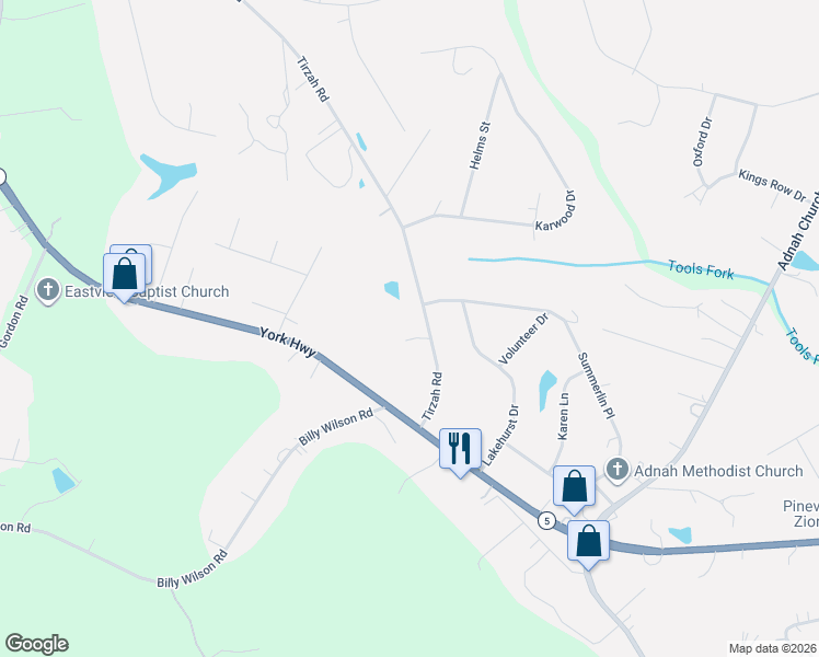 map of restaurants, bars, coffee shops, grocery stores, and more near 1195 Tirzah Road in Rock Hill