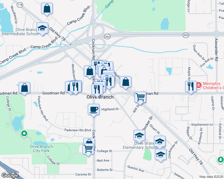 map of restaurants, bars, coffee shops, grocery stores, and more near 9160 Goodman Road in Olive Branch