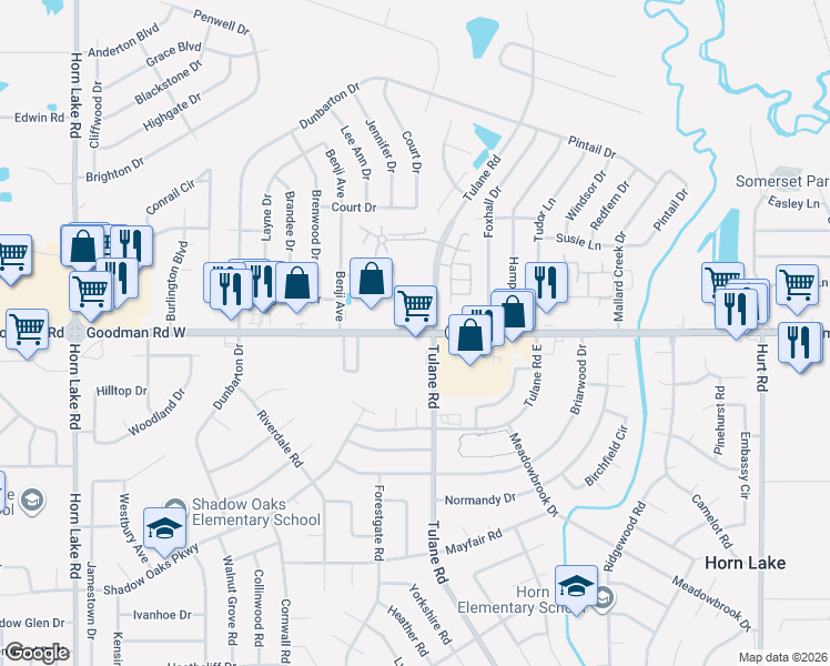 map of restaurants, bars, coffee shops, grocery stores, and more near 3046 W Goodman Rd in Horn Lake