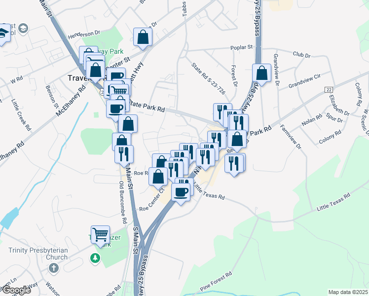 map of restaurants, bars, coffee shops, grocery stores, and more near 150 South End Circle in Travelers Rest
