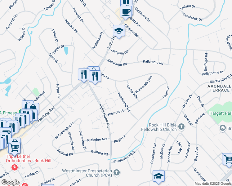map of restaurants, bars, coffee shops, grocery stores, and more near 308 Voldemort Street in Rock Hill