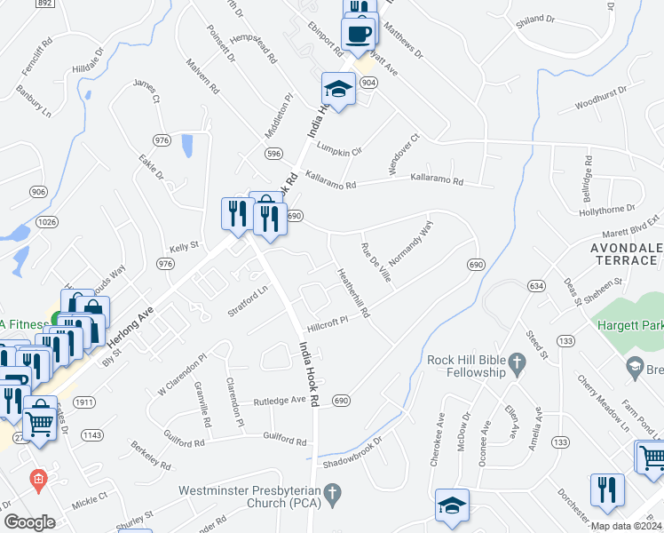 map of restaurants, bars, coffee shops, grocery stores, and more near 1704 State Route 1207 in Rock Hill