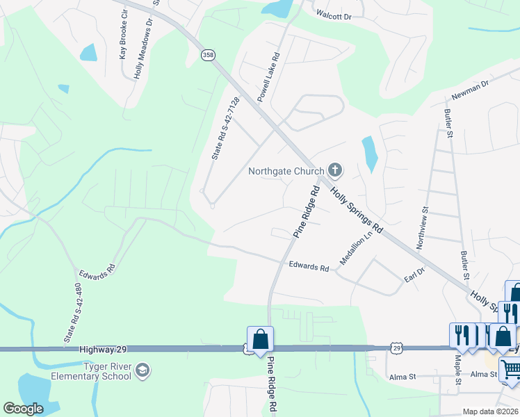 map of restaurants, bars, coffee shops, grocery stores, and more near 431 Kaleb Mark Drive in Lyman