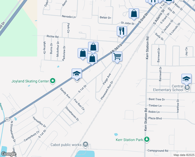 map of restaurants, bars, coffee shops, grocery stores, and more near 21 Pheasant Run Drive in Cabot